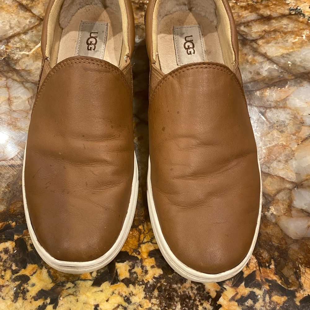 Size 8, light brown leather slip-on, Uggs brand